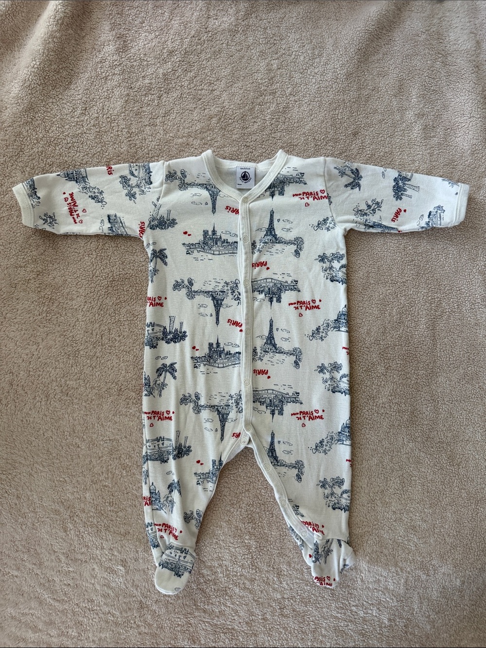 Petit Bateau Cream Footed One-Piece with Blue and Red Paris Prints